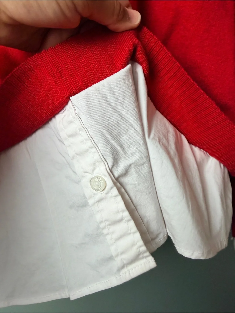 Isaac Mizrahi Bright Red Mock Neck Fair Isle Sweater Layered White Button Down